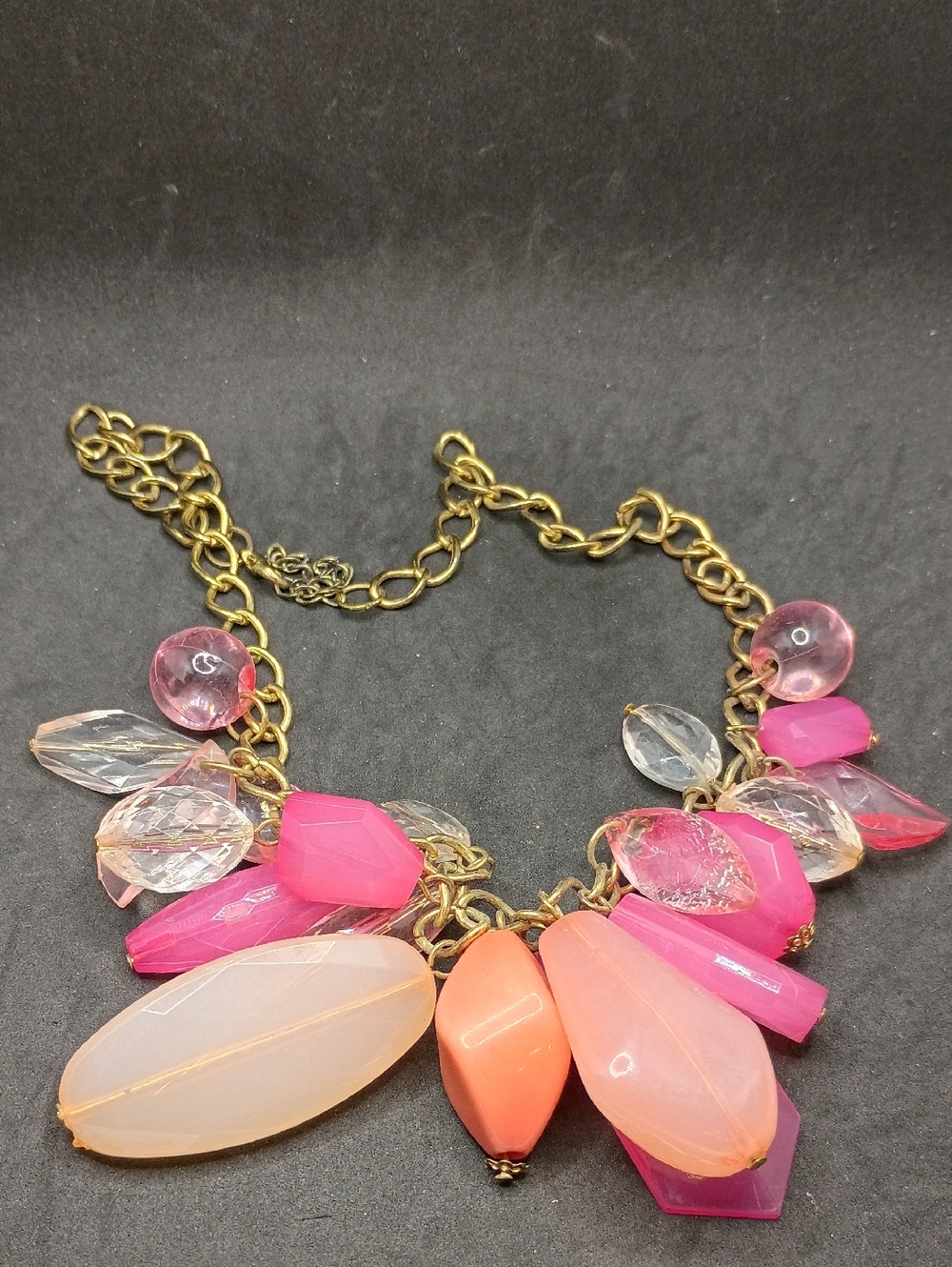 Gold Chain Statement Necklace with Pink and Peach Gem Drops